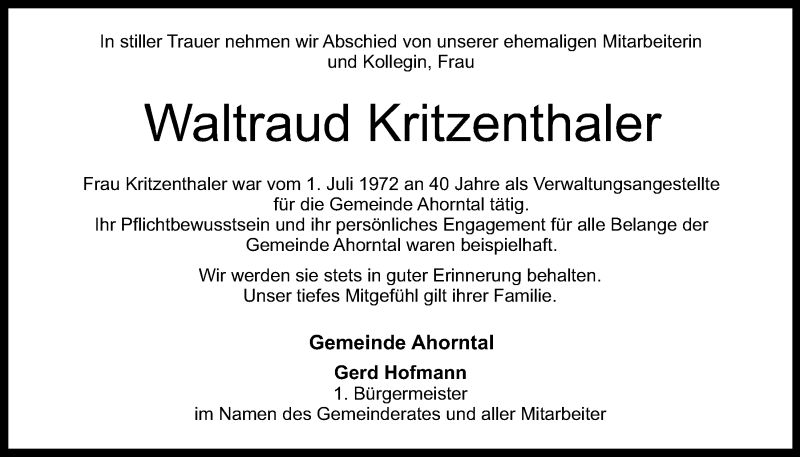  Traueranzeige für Waltraud Kritzenthaler vom 19.02.2016 aus Nordbayerischer Kurier