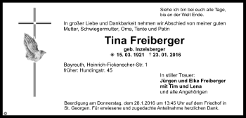 Anzeige von Tina Freiberger von Nordbayerischer Kurier
