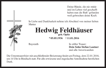 Anzeige von Hedwig Feldhäuser von Nordbayerischer Kurier