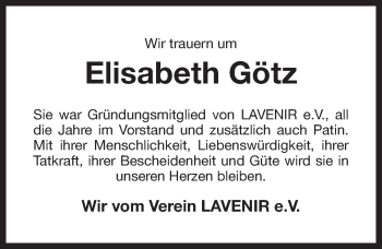 Anzeige von Elisabeth Götz von Nordbayerischer Kurier