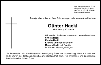 Anzeige von Günter Hackl von Nordbayerischer Kurier