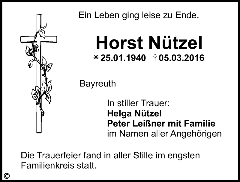  Traueranzeige für Horst Nützel vom 22.03.2016 aus Nordbayerischer Kurier