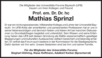 Anzeige von Mathias Julius Johannes Sprinzl von Nordbayerischer Kurier