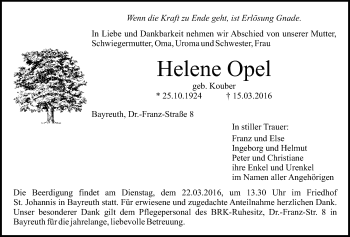 Anzeige von Helene Opel von Nordbayerischer Kurier