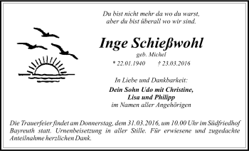 Anzeige von Inge Schießwohl von Nordbayerischer Kurier