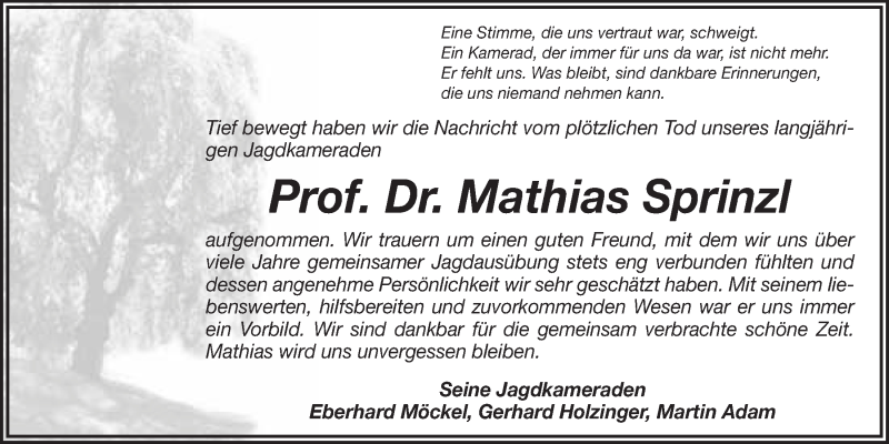  Traueranzeige für Mathias Julius Johannes Sprinzl vom 16.03.2016 aus Nordbayerischer Kurier