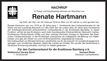 Anzeige von Renate Hartmann von Nordbayerischer Kurier