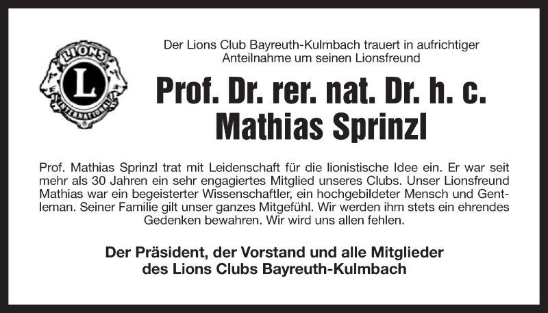  Traueranzeige für Mathias Julius Johannes Sprinzl vom 16.03.2016 aus Nordbayerischer Kurier