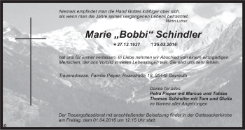 Anzeige von Marie Schindler von Nordbayerischer Kurier
