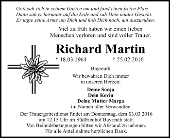 Anzeige von Richard Martin von Nordbayerischer Kurier