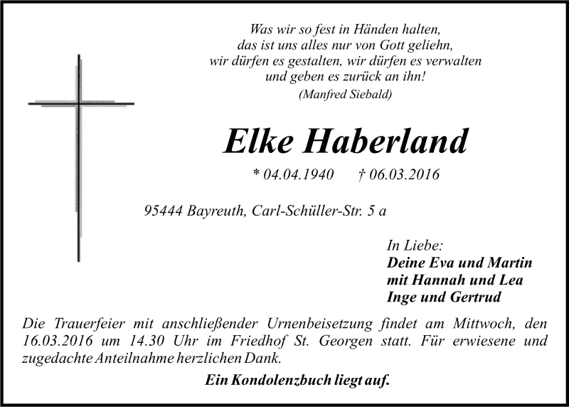  Traueranzeige für Elke Haberland vom 12.03.2016 aus Nordbayerischer Kurier