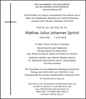 Anzeige von Mathias Julius Johannes Sprinzl von Nordbayerischer Kurier