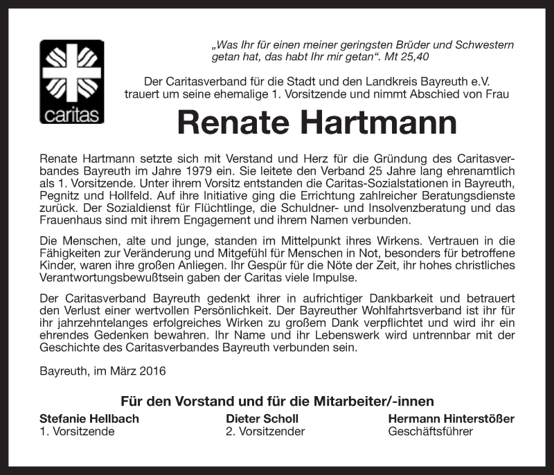  Traueranzeige für Renate Hartmann vom 03.03.2016 aus Nordbayerischer Kurier