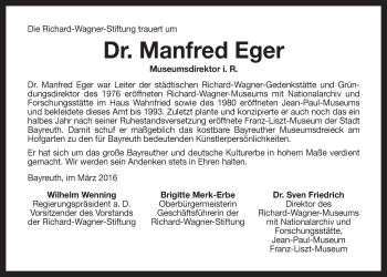 Anzeige von Manfred Eger von Nordbayerischer Kurier