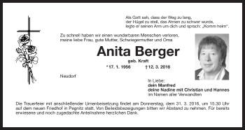 Anzeige von Anita Berger von Nordbayerischer Kurier