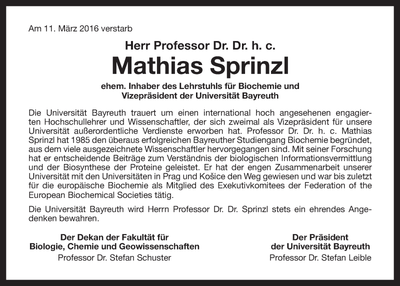  Traueranzeige für Mathias Julius Johannes Sprinzl vom 16.03.2016 aus Nordbayerischer Kurier