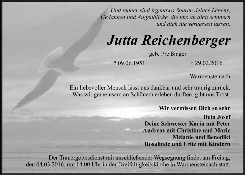  Traueranzeige für Jutta Reichenberger vom 03.03.2016 aus Nordbayerischer Kurier