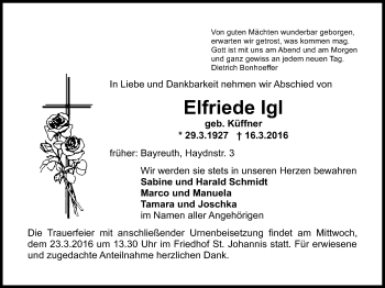 Anzeige von Elfriede Igl von Nordbayerischer Kurier