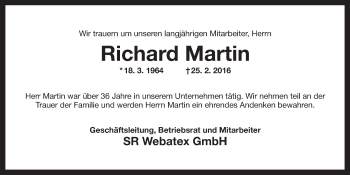 Anzeige von Richard Martin von Nordbayerischer Kurier