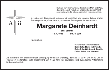 Anzeige von Margarete Deinhardt von Nordbayerischer Kurier