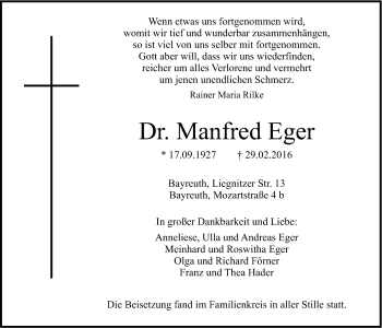 Anzeige von Manfred Eger von Nordbayerischer Kurier