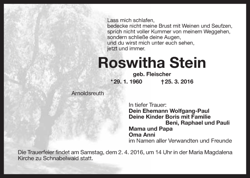  Traueranzeige für Roswitha Stein vom 30.03.2016 aus Nordbayerischer Kurier