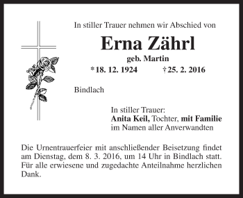 Anzeige von Erna Zährl von Nordbayerischer Kurier