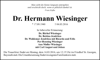 Anzeige von Hermann Wiesinger von Nordbayerischer Kurier
