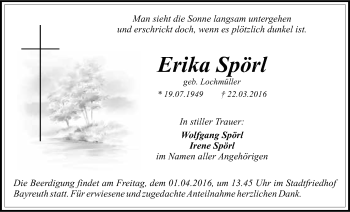 Anzeige von Erika Spörl von Nordbayerischer Kurier
