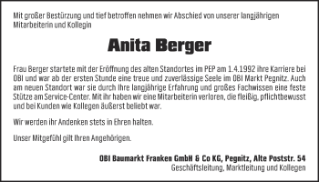 Anzeige von Anita Berger von Nordbayerischer Kurier