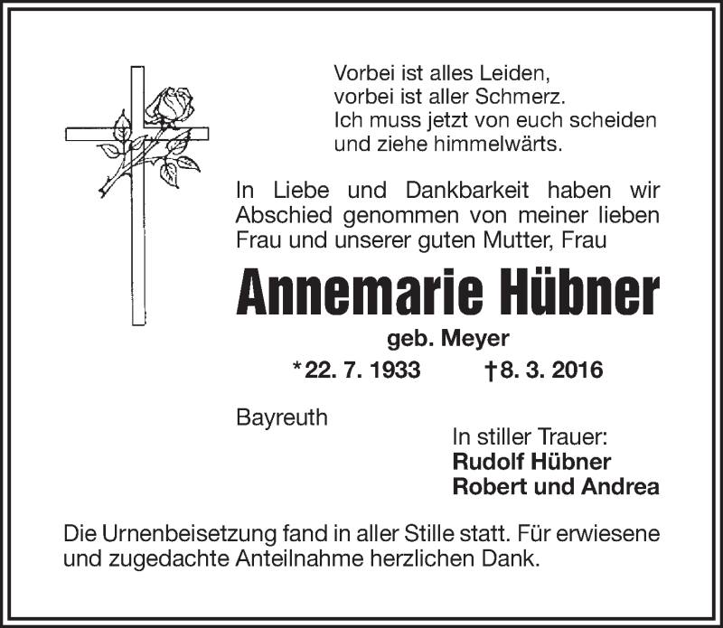  Traueranzeige für Annemarie Hübner vom 31.03.2016 aus Nordbayerischer Kurier