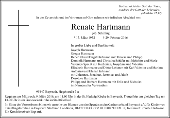 Anzeige von Renate Hartmann von Nordbayerischer Kurier