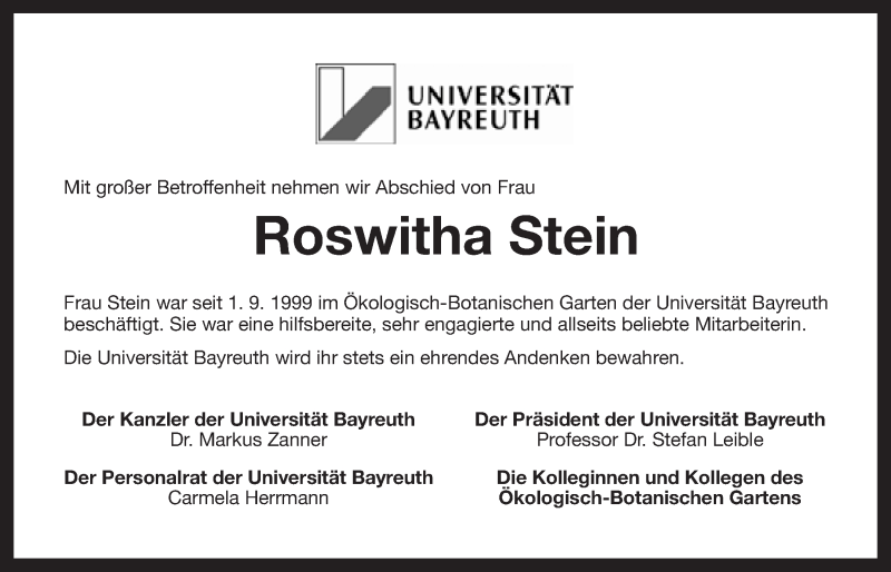  Traueranzeige für Roswitha Stein vom 31.03.2016 aus Nordbayerischer Kurier
