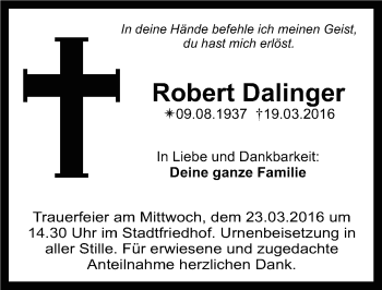 Anzeige von Robert Dalinger von Nordbayerischer Kurier