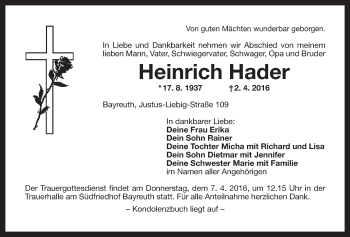 Anzeige von Heinrich Hader von Nordbayerischer Kurier