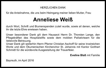 Anzeige von Anneliese Weiß von Nordbayerischer Kurier