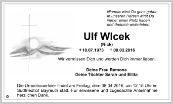 Anzeige von Ulf Wlcek von Nordbayerischer Kurier
