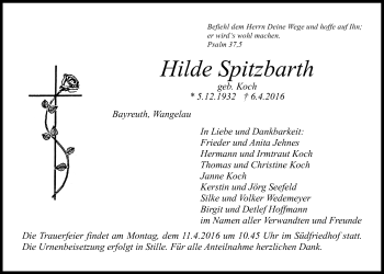 Anzeige von Hilde Spitzbarth von Nordbayerischer Kurier