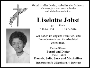 Anzeige von Liselotte Jobst von Nordbayerischer Kurier