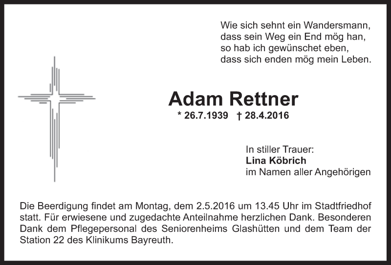  Traueranzeige für Adam Rettner vom 30.04.2016 aus Nordbayerischer Kurier