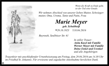 Anzeige von Marie Meyer von Nordbayerischer Kurier