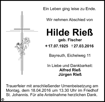 Anzeige von Hilde Rieß von Nordbayerischer Kurier