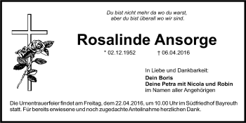 Anzeige von Rosalinde Ansorge von Nordbayerischer Kurier