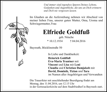 Anzeige von Elfriede Goldfuß von Nordbayerischer Kurier