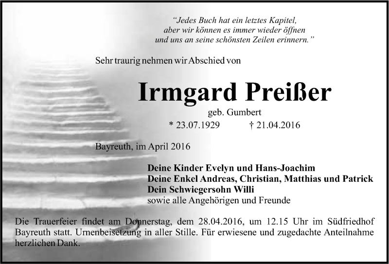  Traueranzeige für Irmgard Preißer vom 26.04.2016 aus Nordbayerischer Kurier
