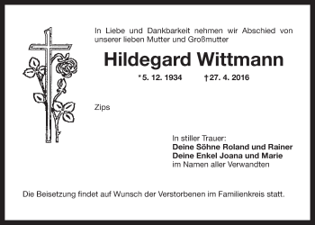 Anzeige von Hildegard Wittmann von Nordbayerischer Kurier