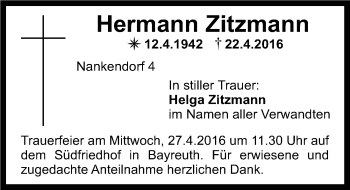 Anzeige von Hermann Zitzmann von Nordbayerischer Kurier