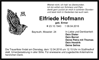 Anzeige von Elfriede Hofmann von Nordbayerischer Kurier