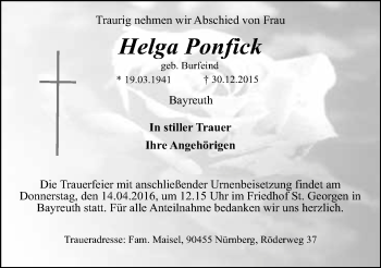 Anzeige von Helga Ponfick von Nordbayerischer Kurier