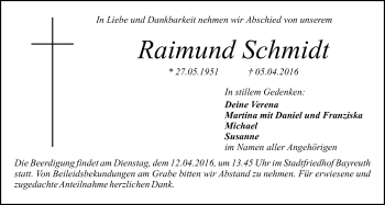 Anzeige von Raimund Schmidt von Nordbayerischer Kurier